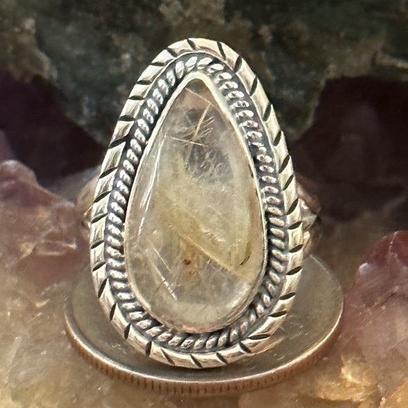 Golden rutilated Angel hair quartz sterling silver ring - Picture 1 of 8